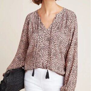 Kachel x Anthropologie Leopard Bishop Sleeve Blouse with Tassels